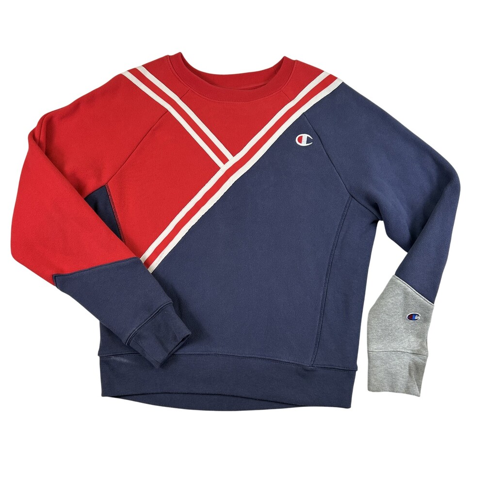 Champion Sweatshirt Womens Medium Red Blue Gray Reverse Weave Pullover Crewneck